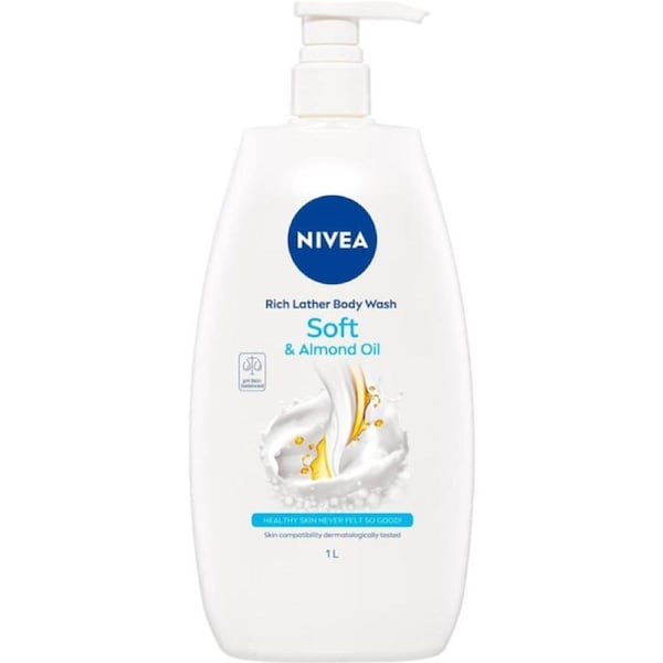 NIVEA Rich Lather Soft Body Wash with Almond Oil 1L - Gentle & Moisturising Formula for All Skin Types - PH Balance