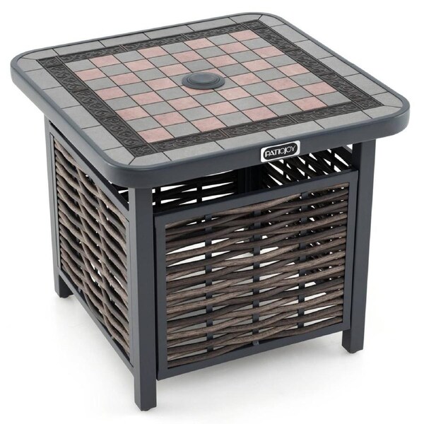 Costway Outdoor Coffee Table Patio Side Table Rattan Square End Table w/Umbrella Hole Garden & Balcony Black