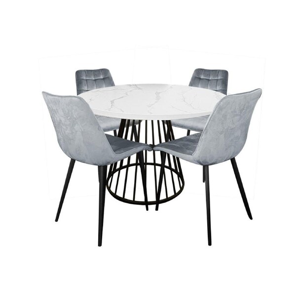 HomeStar 5Pc Dining Set Matilda Round Dining Table 110cm Marble Look & 4 Lainey Fabric Velvet Dining Chair Grey