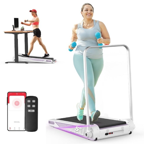 Advwin Incline Treadmill for Home, Foldable Compact Under Desk Walking Pad Running Machine Fixed Incline 5-degree, White&Purple