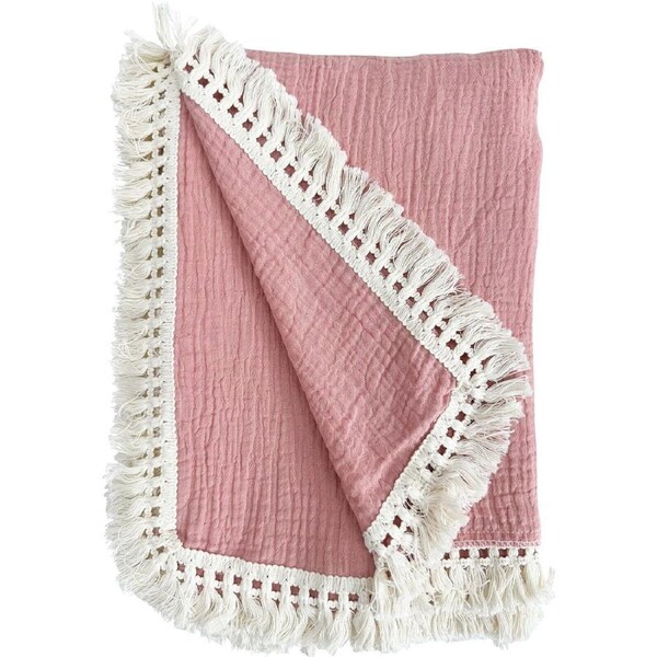 LVD 130cm Cotton Throw w/ Tassels Kids/Baby Comfort Blanket Square Petal Pink