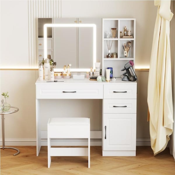 Advwin Dressing Table with Charging Station, White Vanity Desk with HD Lighted Mirror Storage Drawers Cabinet Make up Table