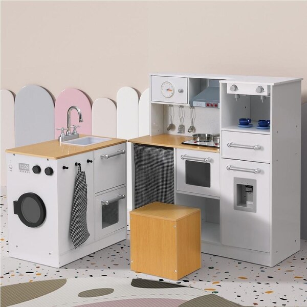 Keezi Kids Kitchen Playset 2-Piece Wooden Pretend Play Coffee Maker Toy 80CM White