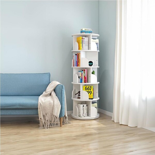 5-Tier Versatile Spacious Rotating Swivel Wooden Bookcase Bookshelves 160cm White