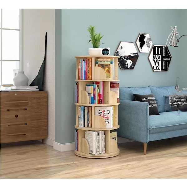 4-Tier Vesatile Spacious Rotating Swivel Wooden Bookcase Bookshelves 129cm Natural Oak