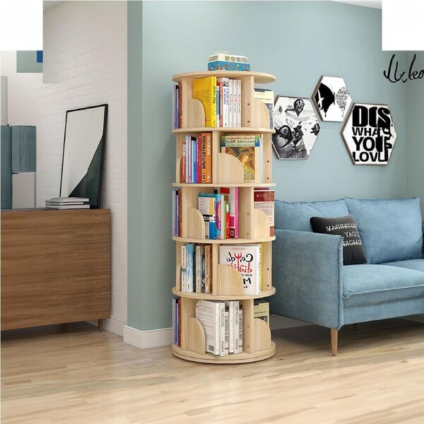 5-Tier Versatile Spacious Rotating Swivel Wooden Bookcase Bookshelves 160cm Natural Oak