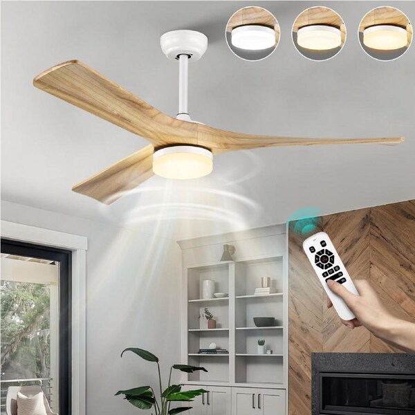ACA 52'' Ceiling Fan With Light DC Motor Remote Control 6 Speed Matt White & Natural Wooden Blade