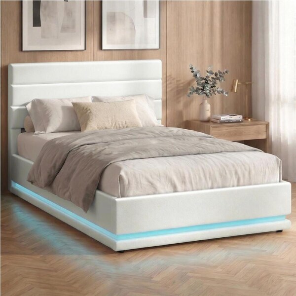 ALFORDSON Bed Frame Single Size Platform RGB LED Gas Lift Base Storage White