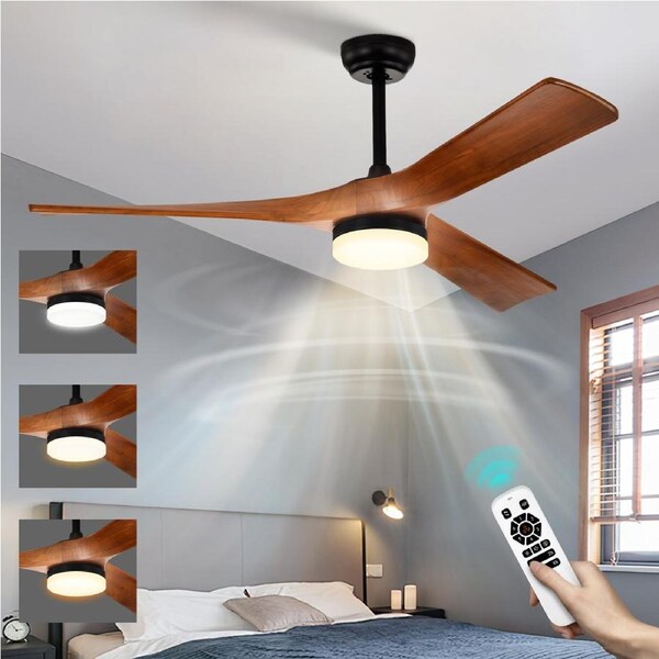 3-Blade Black & Mahogany Ceiling Fan Light With Remote Control 6 Speeds Reversible DC Motor Timer
