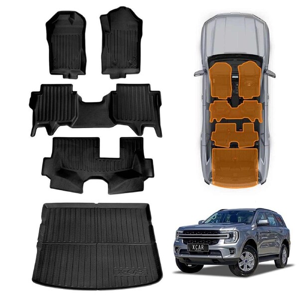 3D Floor Mats Boot Liner Set for Ford Everest 2022-Onwards All Weather Heavy Duty TPE Cargo Kick Mats Back Seat Protector Cover