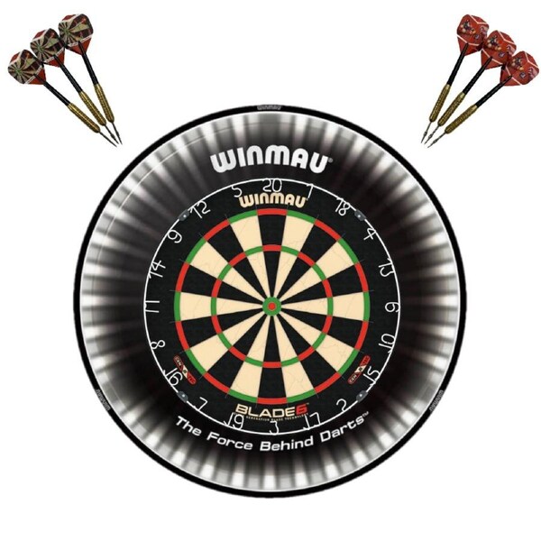 Winmau Blade 6 Dart Board + Plasma Light + Black Printed Surround + Darts