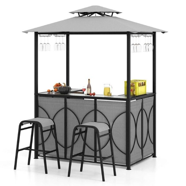 Costway 3PCS Patio Bar Set Double-Tier Soft Top Canopy BBQ Gazebo Shelter for Patio