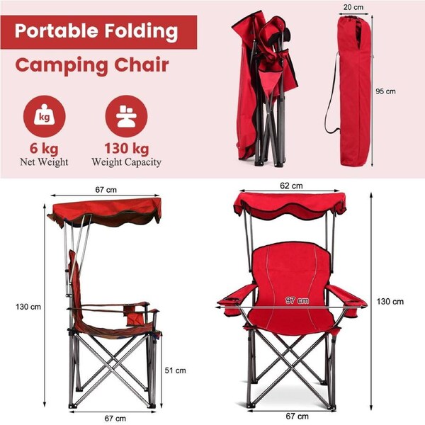 Costway Camping Beach Chair Foldable Canopy Chair w/Sun Shade Outdoor Fishing Picnic