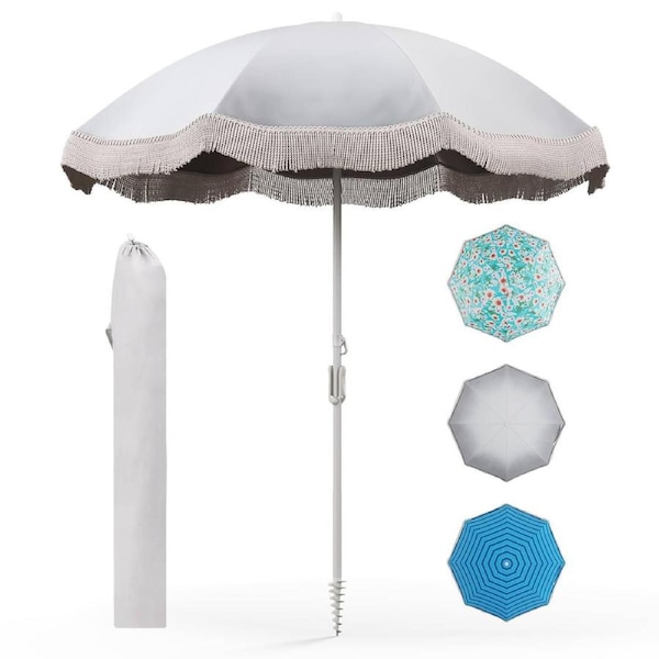Costway 2M Outdoor Tassel Beach Umbrella with Fringe Vintage Heavy Duty Pool/Deck/Yard White
