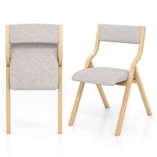 Costway Folding Dining Chair Set of 2 Upholstered Armless Chair Linen Fabric Chairs Natural
