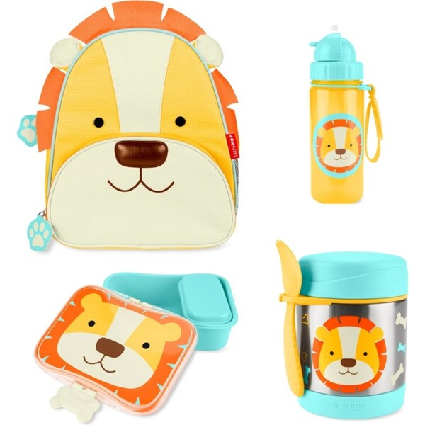 Skip Hop Zoo Backpack + Food Jar + Lunch Box + Drink Bottle 4pc Set - Lion