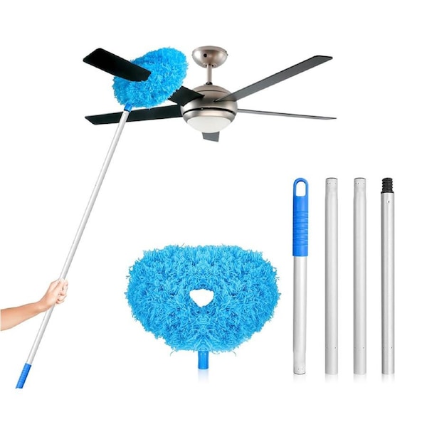 Ceiling Fan Cleaner Duster Reusable Microfiber Removable Duster with Extension Pole for Cleaning Walls-Blue