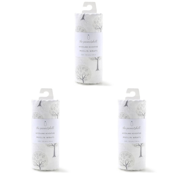 3x The Peanutshell Woodland Adventure Cotton Muslin Nursery Bedding Wrap 120cm