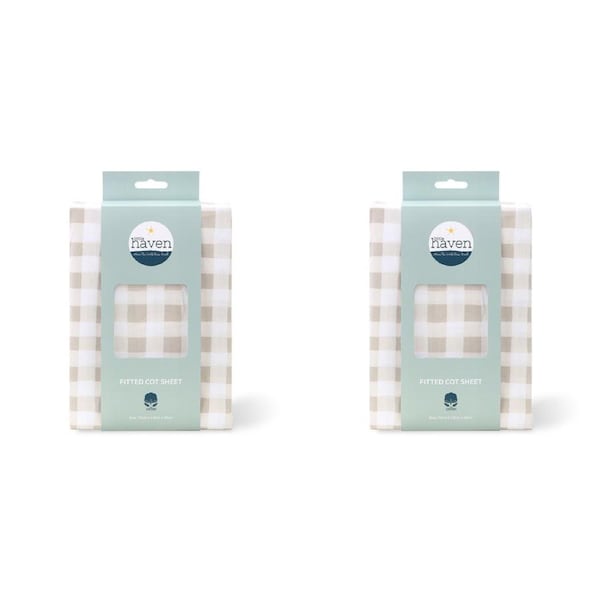 2x Little Haven Cot Fitted Natural Check Comfort/Cozy Baby Bedding Sheet 135cm