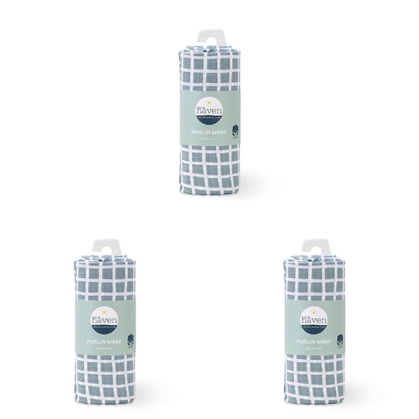 3x Little Haven Muslin Wrap Blue Grid Cozy/Comfort Style Baby Blanket 100cm