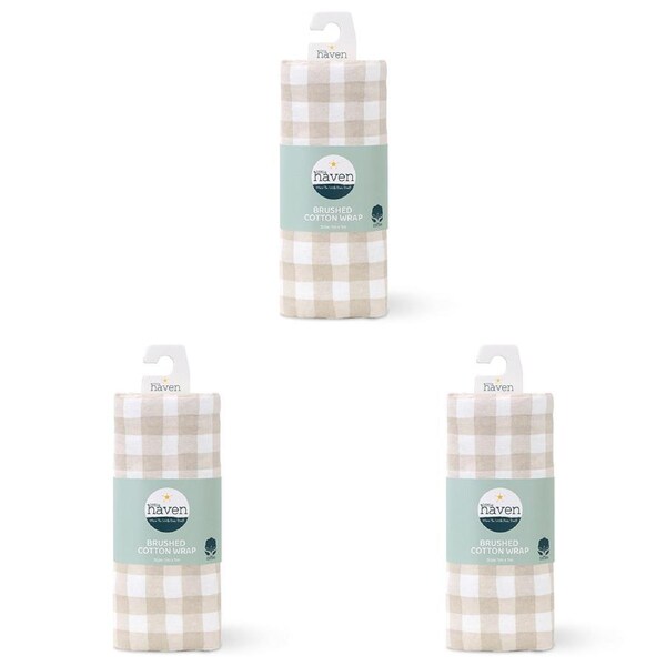 3x Little Haven Brushed Cotton Natural Check Soft Cozy Baby Wrap Blanket 100cm