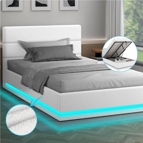 ALFORDSON Bed Frame King Single Platform RGB LED Gas Lift Base Storage Boucle