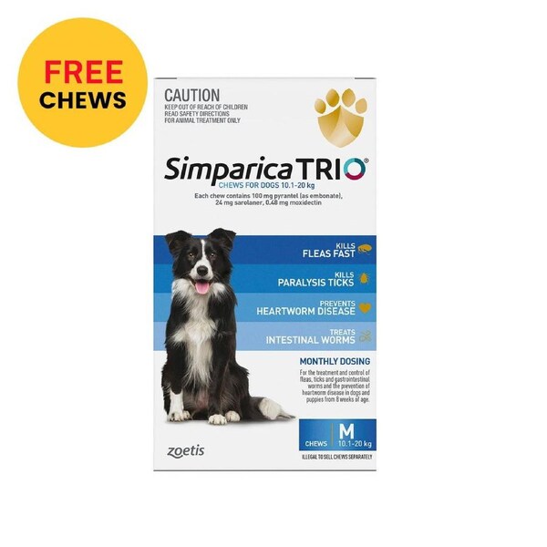 Simparica Trio For Medium Dogs 10.1-20kg (Blue) 6 Chews + 1 Free