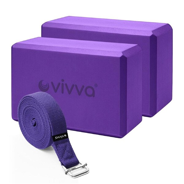 Vivva EVA Foam 9 x 6 x 3 Inches Non Slip Yoga Brick 8ft Yoga Straps 2 in 1 Set Purple