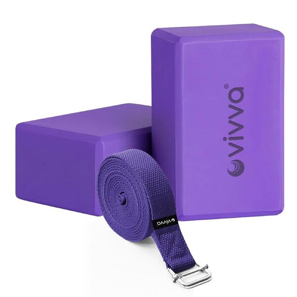 Vivva EVA Foam 9 x 6 x 4 Inches Non Slip Yoga Brick 8ft Yoga Straps 2 in 1 Set Purple