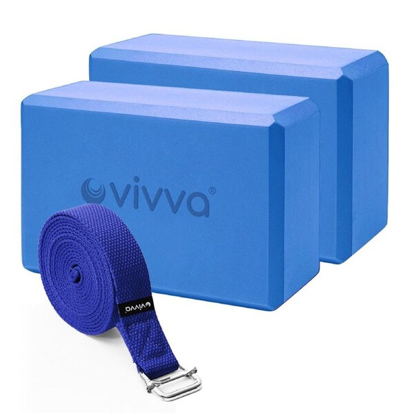 Vivva EVA Foam 9 x 6 x 3 Inches Non Slip Yoga Brick 8ft Yoga Straps 2 in 1 Set Blue