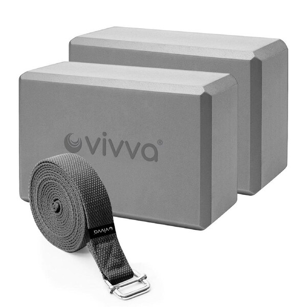 Vivva EVA Foam 9 x 6 x 3 Inches Non Slip Yoga Brick 8ft Yoga Straps 2 in 1 Set Dark Grey