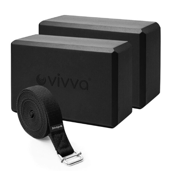 Vivva EVA Foam 9 x 6 x 3 Inches Non Slip Yoga Brick 8ft Yoga Straps 2 in 1 Set Black