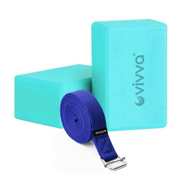 Vivva EVA Foam 9 x 6 x 4 Inches Non Slip Yoga Brick 8ft Yoga Straps 2 in 1 Set Blue