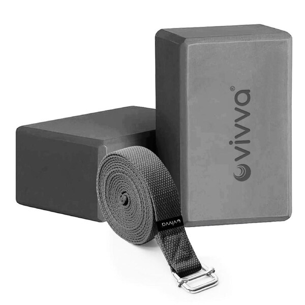 Vivva EVA Foam 9 x 6 x 4 Inches Non Slip Yoga Brick 8ft Yoga Straps 2 in 1 Set Dark Grey