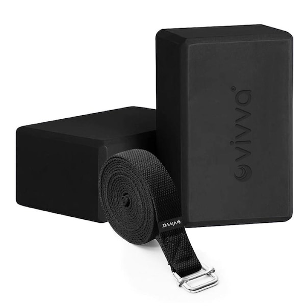 Vivva EVA Foam 9 x 6 x 4 Inches Non Slip Yoga Brick 8ft Yoga Straps 2 in 1 Set Black