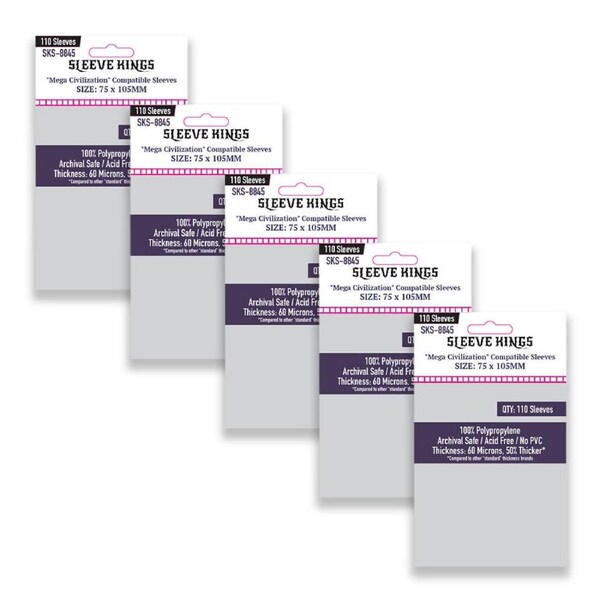 5x 110pc Sleeve Kings 75x105mm Board Game Sleeves Mega Civilization Compatible