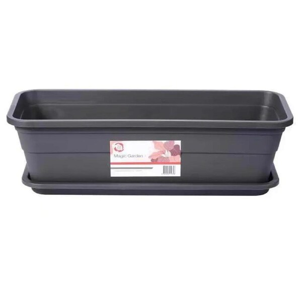 2 x Plastic Garden Planter Pots Flower Pots Tray W/Saucer Charcoal 44x18x13.5cm
