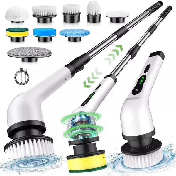 Rechargeable Cordless Spin Scrubber Electric Turbo Scrub Cleaning Brush 9 Heads