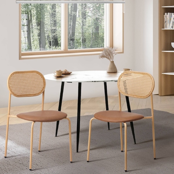 Oikiture 2PCS Dining Chair Accent Chairs Rattan Furniture PU Leather Brown