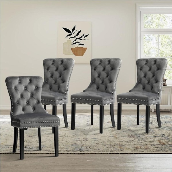 Oikiture 4x Velvet Dining Chairs Upholstered French Provincial Tufted Grey