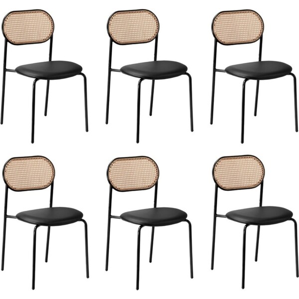Oikiture 6PCS Dining Chair Accent Chairs Rattan Furniture PU Leather Black
