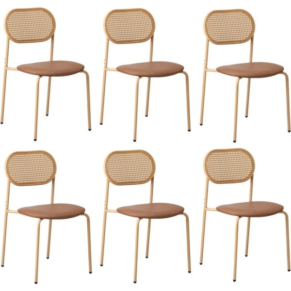 Oikiture 6PCS Dining Chair Accent Chairs Rattan Furniture PU Leather Brown
