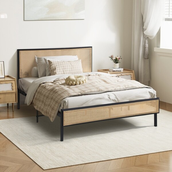Oikiture Bed Frame Single Size Metal Frame Rattan