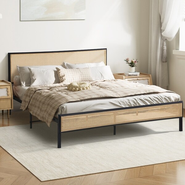 Oikiture Bed Frame Double Size Metal Frame Rattan