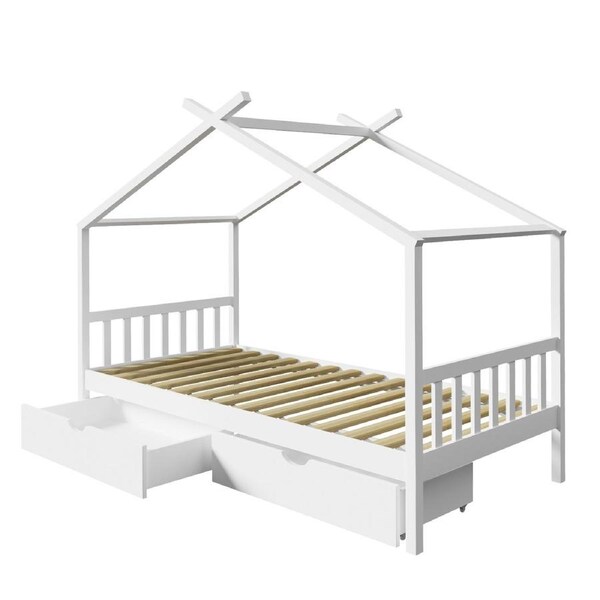 Oikiture Bed Frame Wooden Single Size Timber House Frame Storage Drawers White