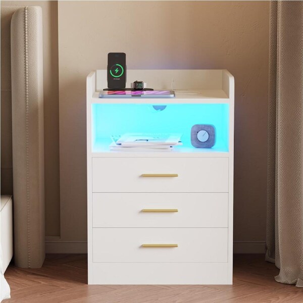 Advwin Bedside Table RGB LED 3 Drawers Nightstand with Charging Station White