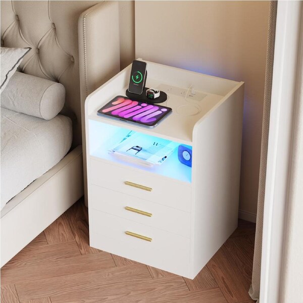 Advwin Set of 2 Bedside Table RGB LED 3 Drawers Nightstand Side Table with Charging Station White