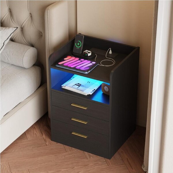 Advwin Set of 2 Bedside Table RGB LED 3 Drawers Nightstand Side Table with Charging Station Black