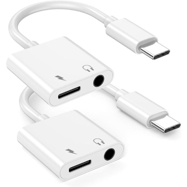 2PCS 2in1 Type C To 3.5mm Jack Headphone Aux Converter For iPhone IOS 15 Samsung Xiaomi Huawei - White