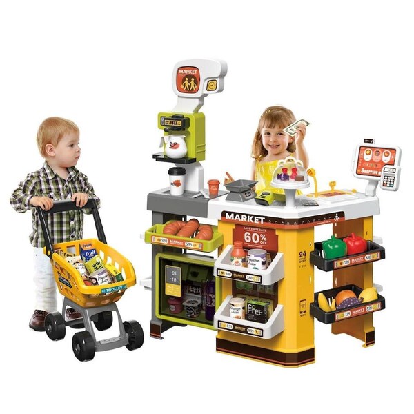 Kids Pretend Play Shop Grocery Supermarket Playset Shopping Trolley Cash Register Scanner Stall Role Plays Food Money 65Pcs